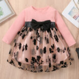 Spring and autumn foreign trade hot girl solid color pit strip long sleeve round neck black rose mesh princess dress