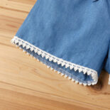 Children's blue and red floral striped one-shoulder denim shorts set - Image 4