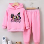 Girls' fashion sweatshirt two-piece butterfly print girl autumn and winter fleece trousers pullover set - Image 2