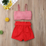 Spring girls' red checkered personalized tied top+tied bow shorts, - Image 2