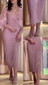 Autumn new V-neck mesh sequins elegant slim balloon sleeve dress women - Image 10