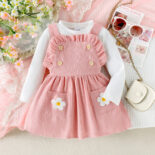 Children's clothing autumn and winter girls' suits, children's solid color long sleeves with cute strap skirt two-piece set