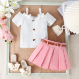 2024 foreign trade cross-border Europe and the United States summer girl suit one-shoulder bow short sleeve with pleated skirt girl suit - Image 2