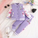 Girls and boys new floral print sleeve stitching solid color long sleeve suit Children's clothing