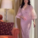 Autumn new V-neck mesh sequins elegant slim balloon sleeve dress women - Image 4