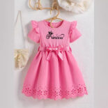 Summer new girl's princess monogram print bow belt round neck short sleeve cut-out dress - Image 4
