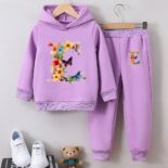 Girls' fashion sweatshirt two-piece letter E print children's girls autumn and winter velvet top set