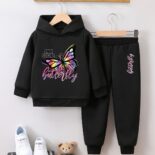 Girls' fashion sweatshirt two-piece butterfly print girl autumn and winter fleece trousers pullover set