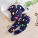 Children's short sleeve set, summer baby loungewear, pajamas, boys, thin cartoon dinosaur, luminous effect two-piece set - Image 3