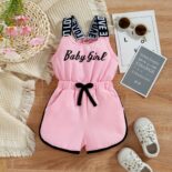 Children's clothing girls letter print pull rack jumpsuit suspender bow jumpsuit - Image 4