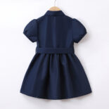 New middle girls with lapel solid color dress children's school uniform skirt girl single breasted short sleeve long skirt with belt - Image 2