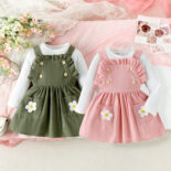 Children's clothing autumn and winter girls' suits, children's solid color long sleeves with cute strap skirt two-piece set - Image 2