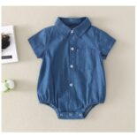 Men's and women's newborn shirt collar flying sleeve denim baby cotton short sleeve crawler baby clothes - Image 4