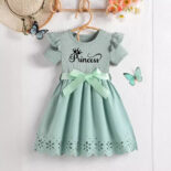 Summer new girl's princess monogram print bow belt round neck short sleeve cut-out dress - Image 3