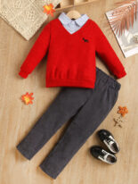 Children's clothing boys autumn and winter two-color Persian threaded lapel fake two-piece + corduroy trousers two-piece set - Image 5