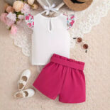 Fly sleeve floral print crewneck top + solid color shorts + belt - Image 2