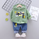 Spring Autumn Hooded Pullover Cartoon Version Boys Alphabet Casual Jeans Fashion Sweatshirt Two-Piece Set - Image 2