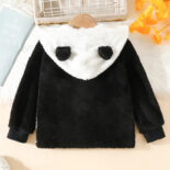 Girls autumn and winter color-blocked hooded jacket, children's panda ears velvet long-sleeved top, suede jacket, casual sweatshirt - Image 2