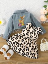 Baby girl spring and autumn sleeveless fawn print dress denim embroidery long sleeve jacket - Image 2