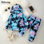 Men's and women's spring and autumn clothes 2-piece set fashion tie-dye print love hooded sweatshirt trouser set