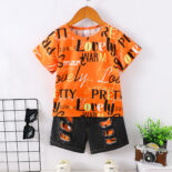 Summer Boys' Trendy Alphabet Digital Printed Short Sleeve Ripped Denim Shorts Set - Image 3