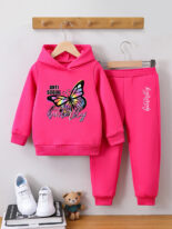 Girls' fashion sweatshirt two-piece butterfly print girl autumn and winter fleece trousers pullover set - Image 5