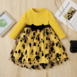 Spring and autumn foreign trade hot girl solid color pit strip long sleeve round neck black rose mesh princess dress - Image 2