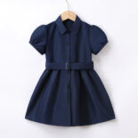New middle girls with lapel solid color dress children's school uniform skirt girl single breasted short sleeve long skirt with belt