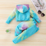 Children's clothing new Spring and Autumn girls tie-dye hooded sweatshirt long sleeve letter casual set - Image 2