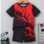 Cross border European and American style boy's spider pattern round neck pullover short sleeved shorts casual set