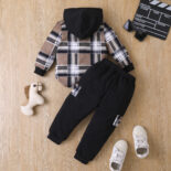 Children's clothing boys autumn and winter plaid letter print fake two-piece hooded sweatshirt color-blocked trousers two-piece set - Image 6