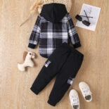 Children's clothing boys autumn and winter plaid letter print fake two-piece hooded sweatshirt color-blocked trousers two-piece set - Image 4
