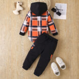 Children's clothing boys autumn and winter plaid letter print fake two-piece hooded sweatshirt color-blocked trousers two-piece set - Image 8