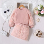 Children's clothing  style plush long-sleeved round neck pullover top with plush short skirt two-piece set for small and medium-sized children - Image 2