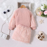 Children's clothing  style plush long-sleeved round neck pullover top with plush short skirt two-piece set for small and medium-sized children - Image 3