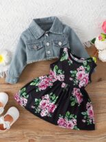 Spring and Autumn Baby Set Baby Girl Fawn Embroidery Short Denim Jacket Printed Skirt Two Piece Set