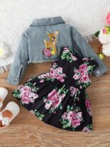 Spring and Autumn Baby Set Baby Girl Fawn Embroidery Short Denim Jacket Printed Skirt Two Piece Set - Image 3