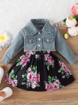 Spring and Autumn Baby Set Baby Girl Fawn Embroidery Short Denim Jacket Printed Skirt Two Piece Set - Image 4