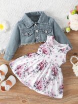 Baby girl spring and autumn sleeveless fawn print dress denim embroidery long sleeve jacket - Image 2