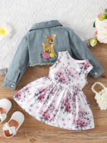 Baby girl spring and autumn sleeveless fawn print dress denim embroidery long sleeve jacket