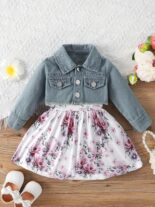 Baby girl spring and autumn sleeveless fawn print dress denim embroidery long sleeve jacket - Image 4