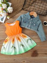 Baby girl spring and autumn sleeveless fawn print dress denim embroidery long sleeve jacket