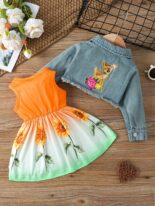 Baby girl spring and autumn sleeveless fawn print dress denim embroidery long sleeve jacket - Image 3