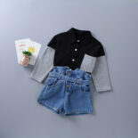 Spring and autumn new girls' fashion pocket shirt + denim shorts for small children