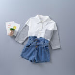Spring and autumn new girls' fashion pocket shirt + denim shorts for small children - Image 2
