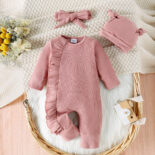 Boy and girl baby solid color long sleeve jumpsuit hat bandana - Image 2