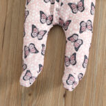 Baby Baby Spring and Autumn Butterfly Cute Print Pink Jumpsuit Long Sleeve Foot Crawling Suit - Image 5