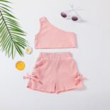 Summer children's vest with a straight shoulder 2-piece set children's clothing solid color slanted shoulder camisole, shorts and girls set - Image 4
