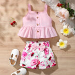 Girls' Spring and Autumn New Top Solid Color Strap Top+Flower Printed Shorts Two Piece Set