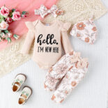 New autumn and winter baby girl four-color pit stripe letter print long sleeved+long pants with hat four piece set - Image 3